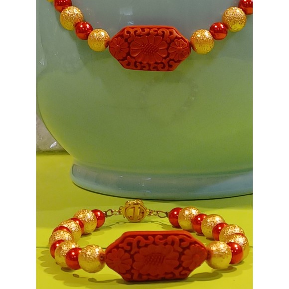 Red & Golden beaded  Cinnabar flower focus bead Necklace Bracelet Set Plus size - Picture 10 of 14